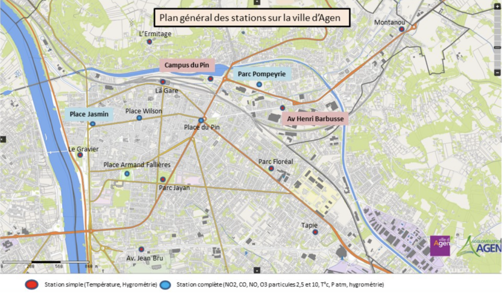 Plan général des stations de mesures de qualité de l'air sur la ville d'Agen