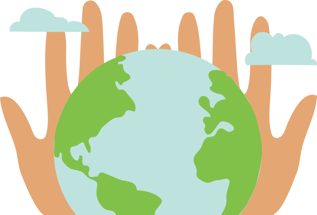 Illustrations de deux mains accueillant un globe terrestre bleu et vert, avec des petits nuages autour