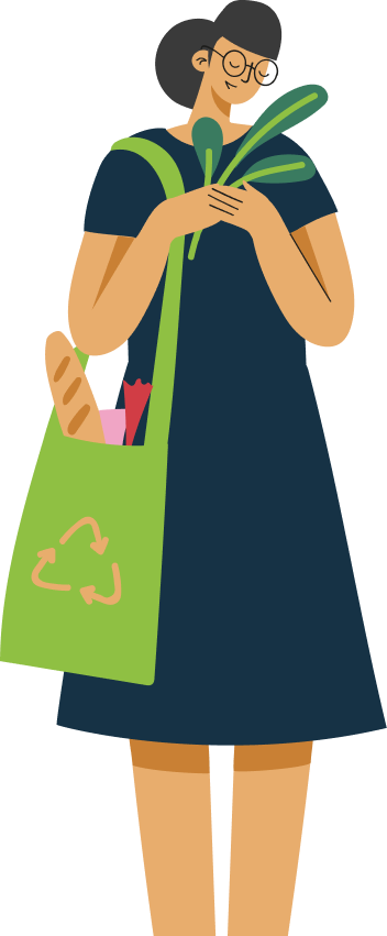 illustration d'une femme en robe, avec un sac de course vert sous l'épaule et des légumes dans la main