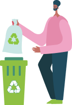 illustration d'un homme jetant un sac plastique dans une poubelle de recyclage