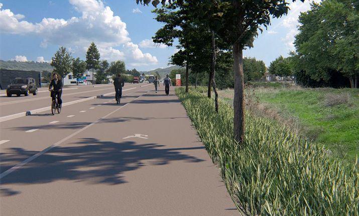 Image de synthèse d'une route se partageant en voie pour les voitures, une piste cyclable et un trottoir avec des cyclistes et des piétons