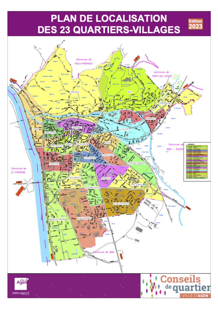 Plan de la ville d'Agen découpé par grands rectangles de couleurs pour délimiter tous les quartiers de la Ville